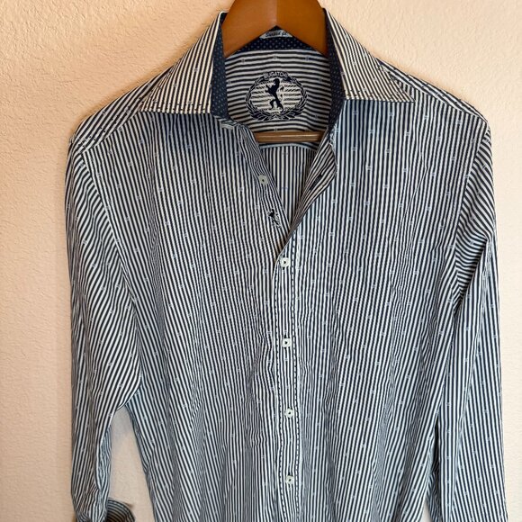 BUGATCHI Shaped Fit Shirt Med Blue Striped Flip Cuff Button Up Long Sleeve Men - Picture 1 of 7